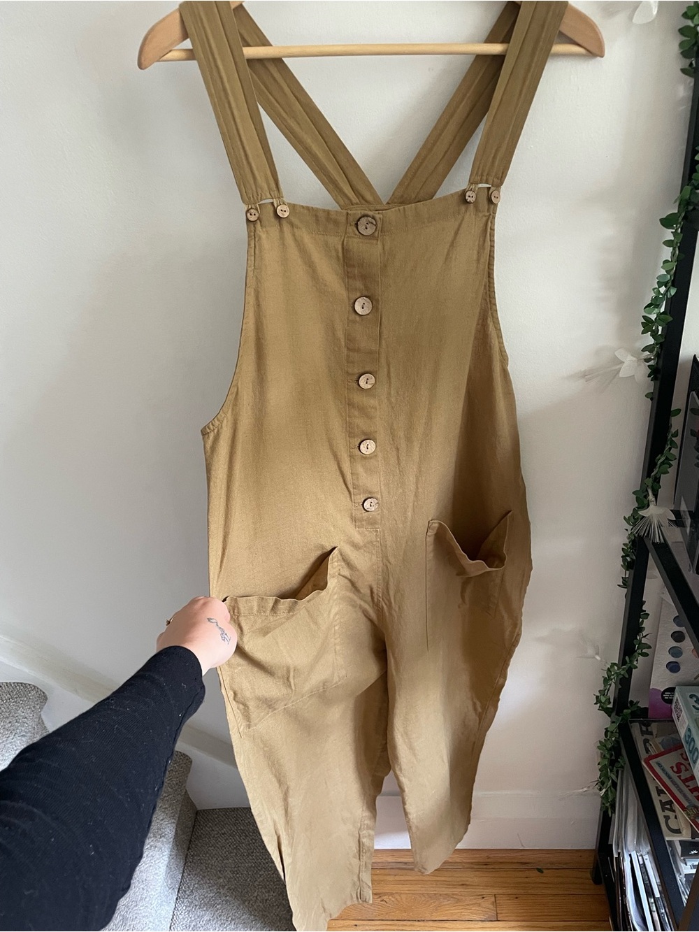 Free People Linen-Cotton Lagenlook Earthy Farmcore Boho Khaki Utility Overalls M